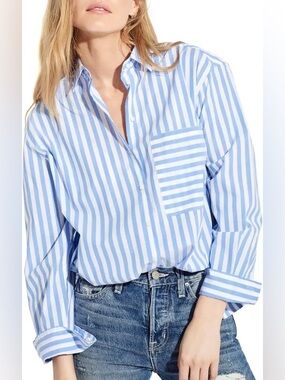 AYR The Deep End Button Down Stripe Relaxed Minimalist Boxy Blue Size Small